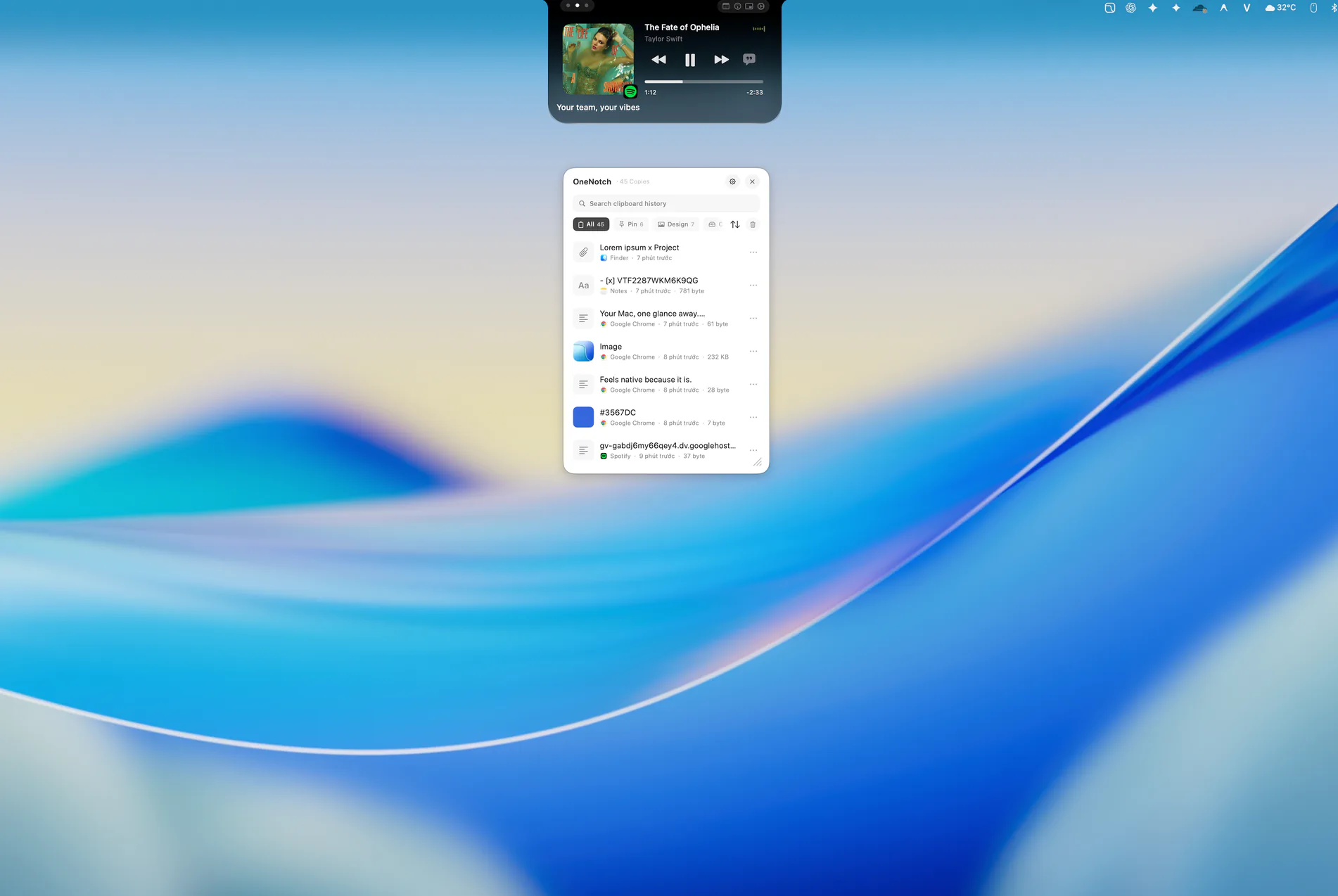 OneNotch Now Playing interface on a real macOS desktop